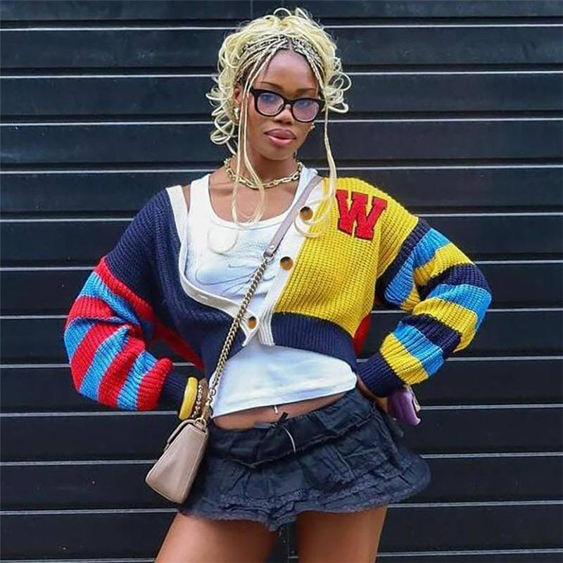 Damski, swobodny, kolorowy sweter z dzianiny z literami i guzikami, krótki rękaw, długi rękaw, modny top w stylu streetwear_voghion.com