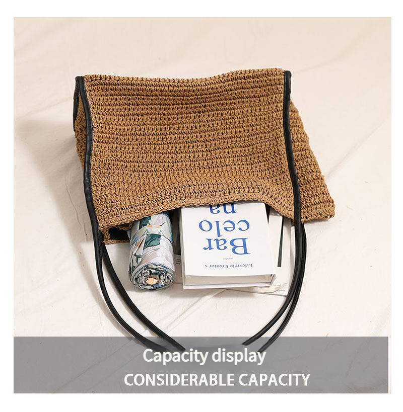 Strohtasche mit großer Kapazität, Strandtasche für Damen im Urlaub, modische einzelne Schultertasche_voghion.com