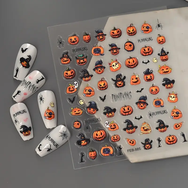 1er-Pack selbstklebende Halloween- und Nagelaufkleber – kein Kleber erforderlich, einfach anzubringen und zu entfernen, Hexen-, Fledermaus- und Totenkopf-Designs für den Herbst, Halloween-Accessoires_voghion.com