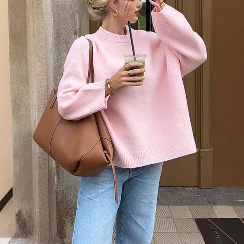 Women's Sweet Pink Round-Neck Sweater – Cozy Polyester Pullover With Shell-Inspired Details (S-XXXL)_voghion.com