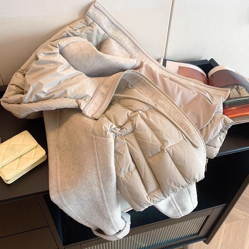 Entworfene Woll-Patchwork-Kapuzen-Baumwolljacke mit Kordelzug für Damen, Herbst/Winter, eleganter und warmer, kurz gepolsterter Mantel_voghion.com
