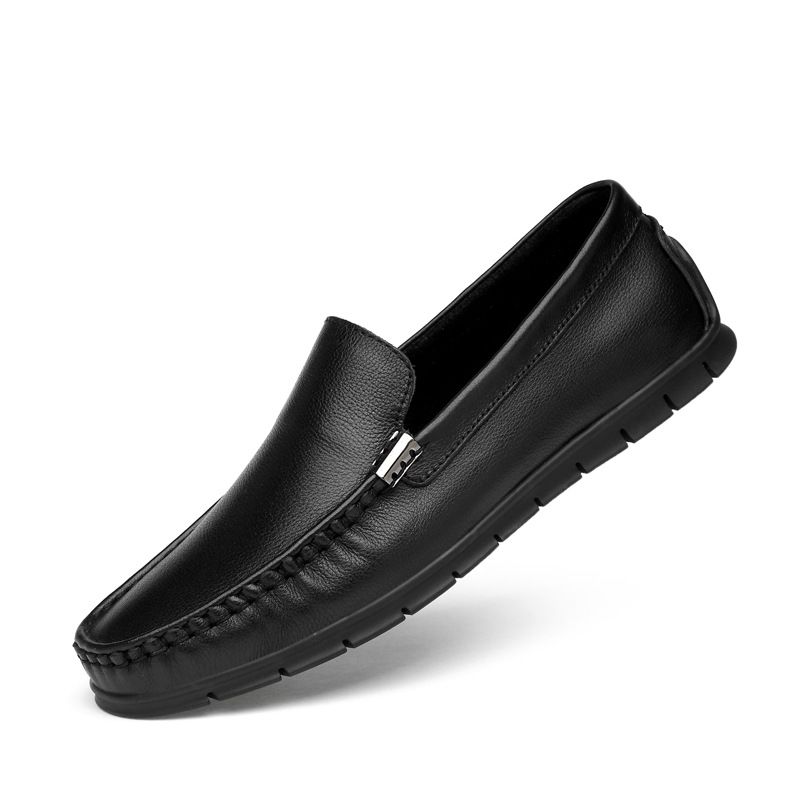 Mocassini slip-on piatti neri in vera pelle da uomo, con strato superiore in pelle bovina, superficie morbida, taglia grande, marchio alla moda_voghion.com