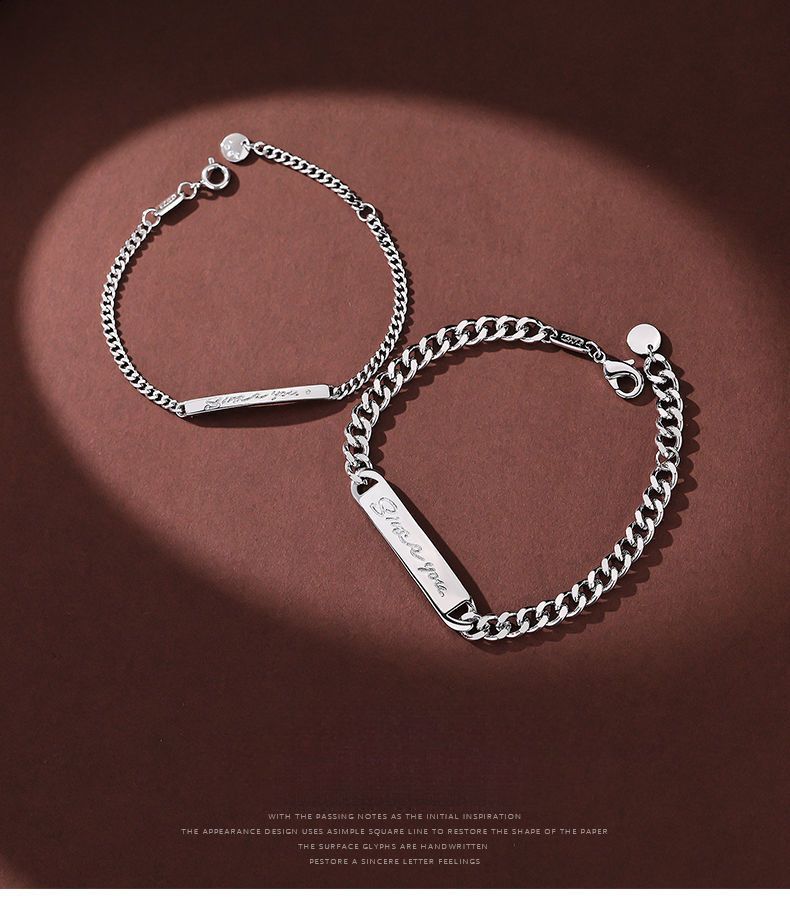 SinceYou Bracelets Couple Style One Pair Sterling Silver Cuban Chain Niche Design High-end Sense Men's Trendy_voghion.com
