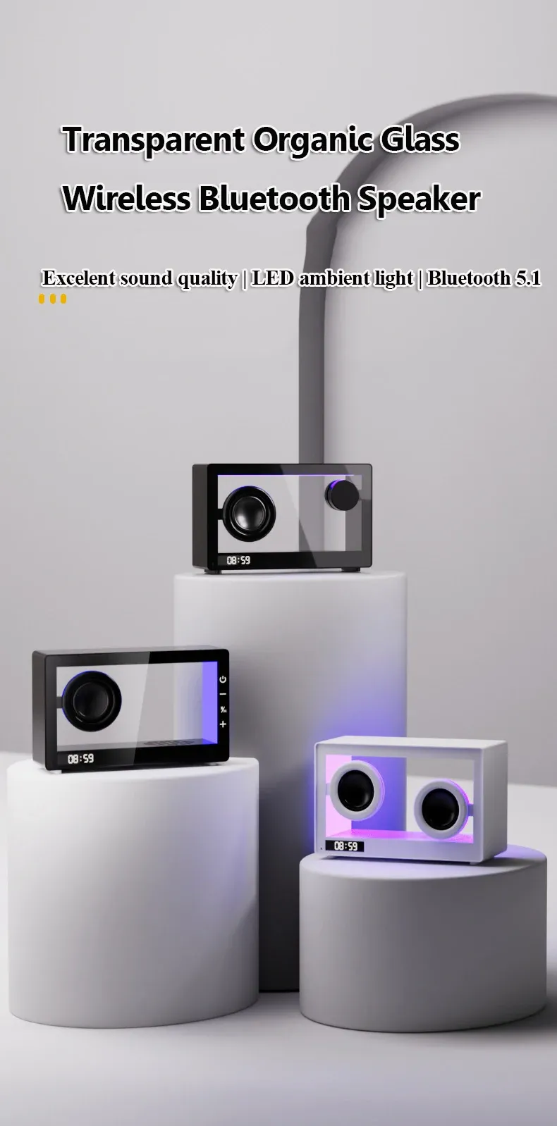 Nordic Mini Transparent Bluetooth High Quality Computer Speaker Portable Clock Wireless Music Box With LED Ambient Light_voghion.com