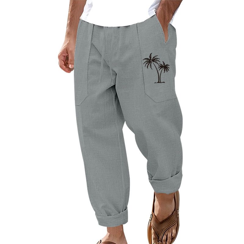 New Fashion Casual Beach Shorts Men Coconut Tree Print Cotton Linen Loose Long Pants_voghion.com