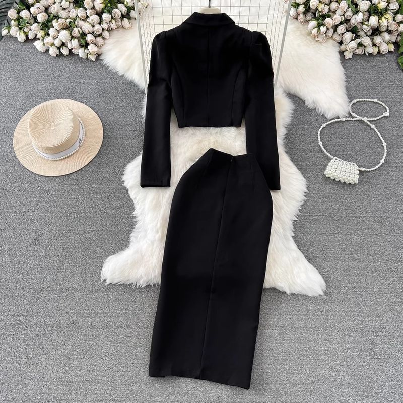 Damemotedress Dame langermet slank kort dressjakke Todelt høylivet slankt splittskjørt_voghion.com