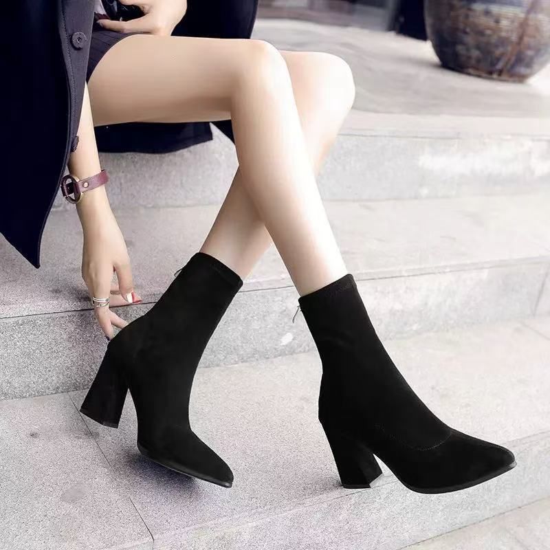 2025 Autumn Winter New Thick Pointed Toe Suede Short Women High Heel Stretch Slim Fashion Boots_voghion.com