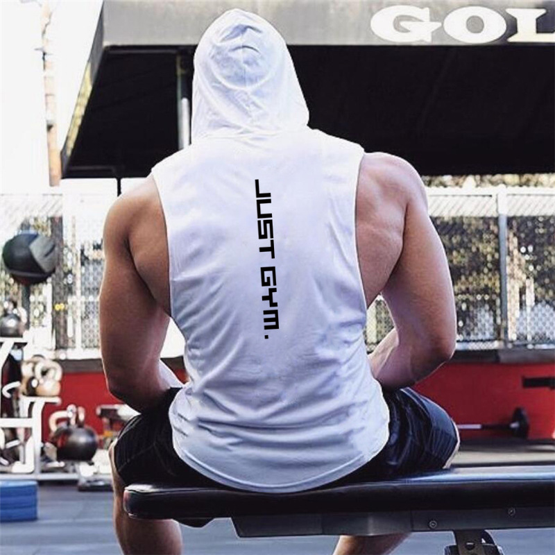 Muscle men's fitness cotton printed camisole hooded sports vest loose hurdle training sleeveless top_voghion.com