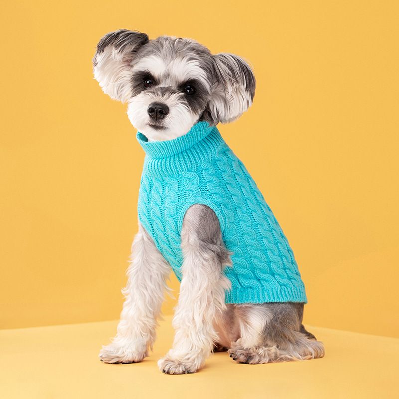 Autumn and winter pet dog cat warm solid color classic twist sweater padded high collar lapel wool clothes wholesale_voghion.com