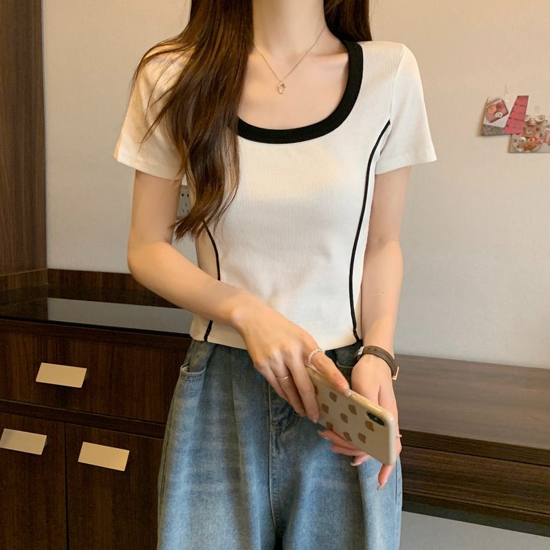 Shoulder sleeved T-shirt for women in summer, unique and chic color blocking, square neck shirt with contrasting colors,_voghion.com