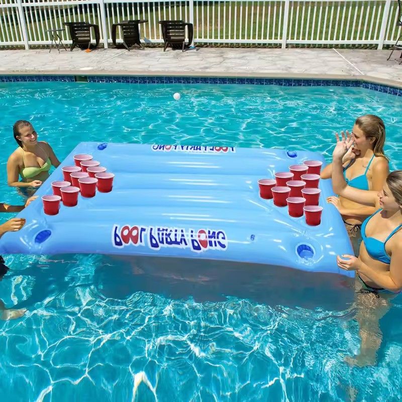 Aufblasbarer Beer-Pong-Tisch – wasserdichte schwimmende Spielstation mit Getränkehaltern und Eiskühler (Poolparty-Trinkspiele für Erwachsene am See)_voghion.com