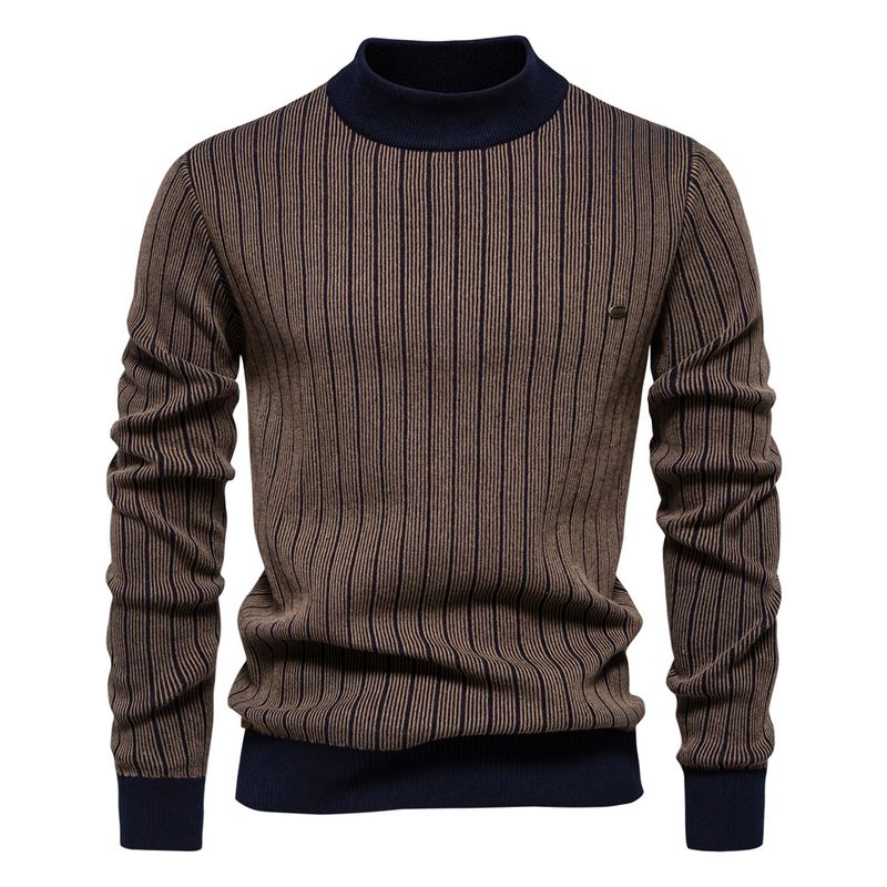 Maglione pullover da uomo di alta qualità, a righe, aderente e semi-dolcevita_voghion.com