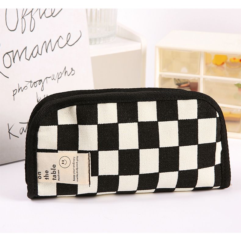 ins style black and white checkerboard pencil bag large capacity stationery bag canvas student simple high value pencil bag wholesale_voghion.com