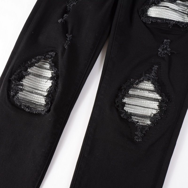Men's Slim Fit Distressed Jeans - Black Stretch Denim Pants With Patchwork & Embroidery Details, Comfortable Cotton Fabric For Casual Wear_voghion.com