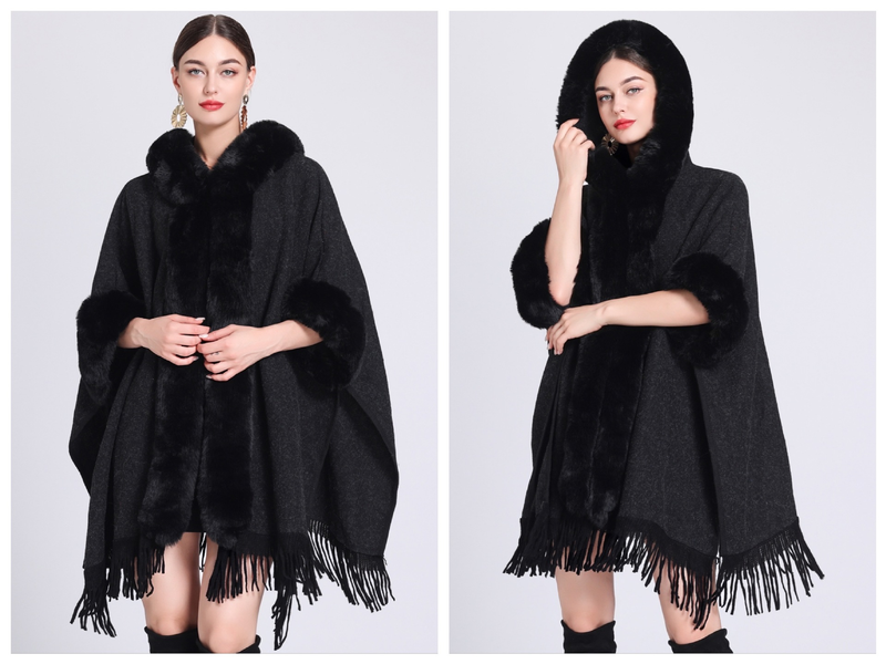 Femmes quand col de fourrure de renard manteau de laine moyen long tempérament cape cape manteau_voghion.com