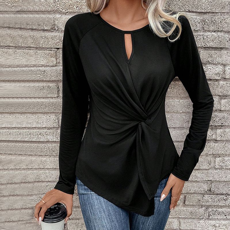 Damenbekleidung im europäischen Stil: Eine schlanke und sexy Bluse mit runden, ineinandergreifenden Knoten, langen Ärmeln und offenem Halsausschnitt_voghion.com