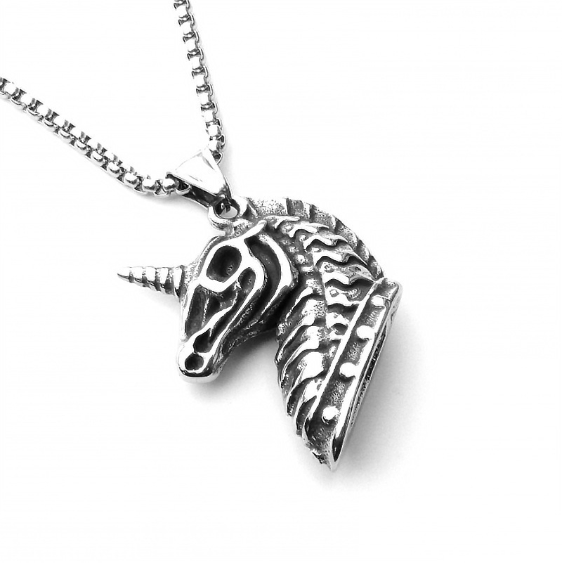 Collier tendance en acier inoxydable avec pendentif en forme de squelette de licorne pour homme et femme_voghion.com