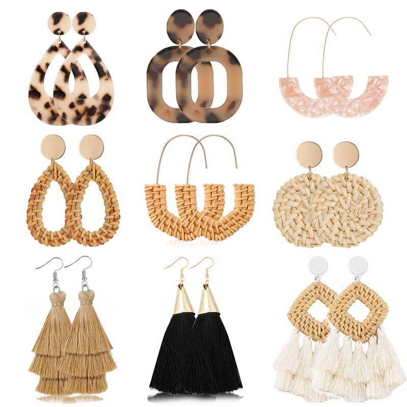 Acetat Quasten Ohrringe Handgefertigtes geometrisches Rattan Kombinationsset_voghion.com