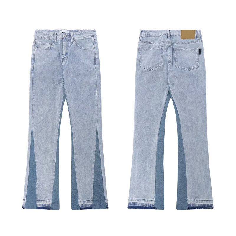 American Style Minimalist Distressed Color Blocked Denim Loose Street Washed Polished White Micro Flared Pants, Jeans_voghion.com