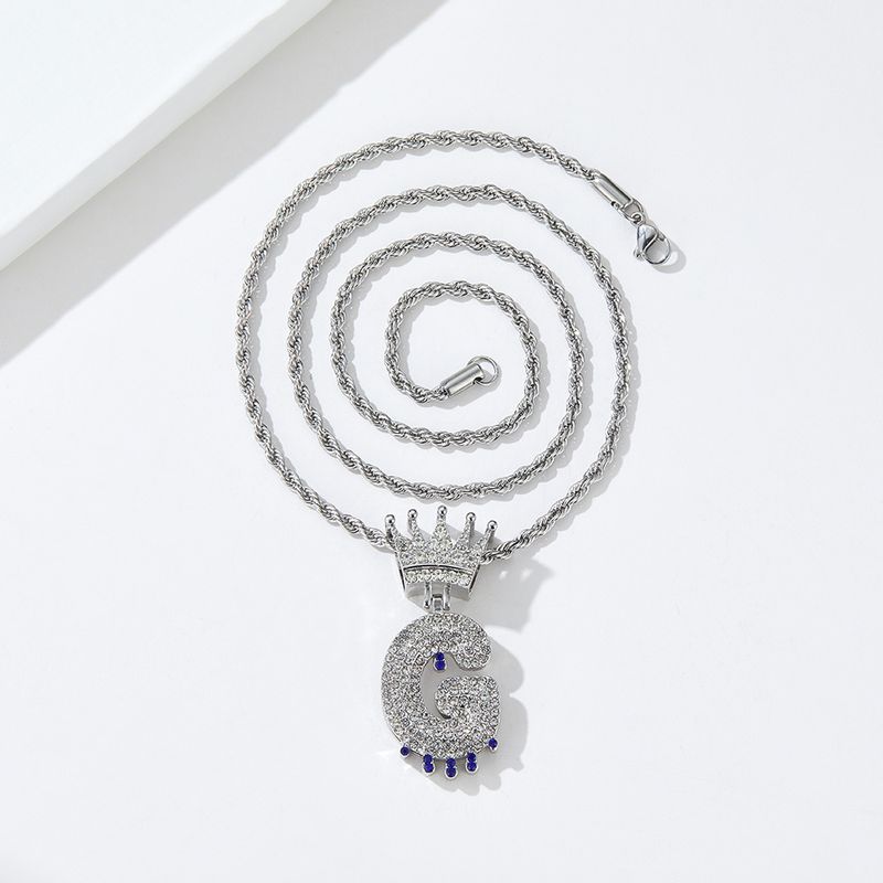 Men And Women's Jewelry Crown Clasp Teardrop Letter Pendant Hip Hop Necklace - Personalized Alphabet Charm With Diamond Accents, Twist Chain_voghion.com