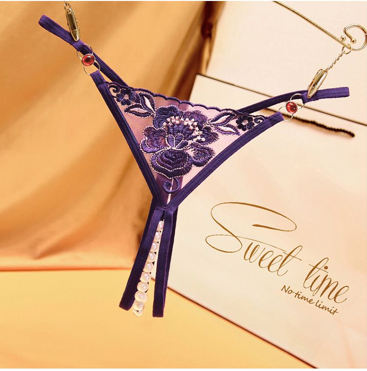 Svart stil förföriska diamantaccessoarer stringtrosa kvinnors genomskinliga broderade pärlor öppen gren gratis sexiga underkläder 2270_voghion.com