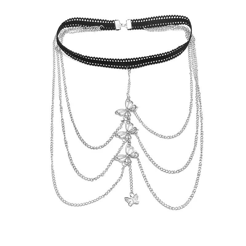 Catena per il corpo a farfalla dorata multistrato in pizzo elastico con personalità sexy esagerata a gamba calda in vendita_voghion.com