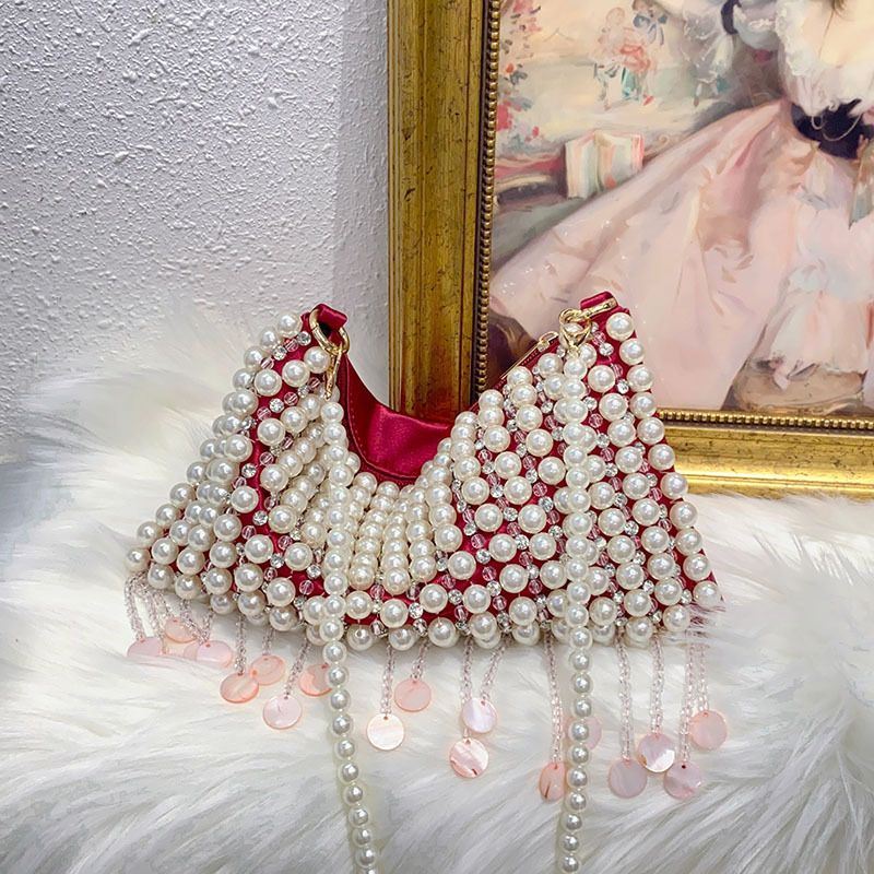 Sac à bandoulière simple, nouveau modèle 2025, avec franges perlées à la main et strass scintillants_voghion.com