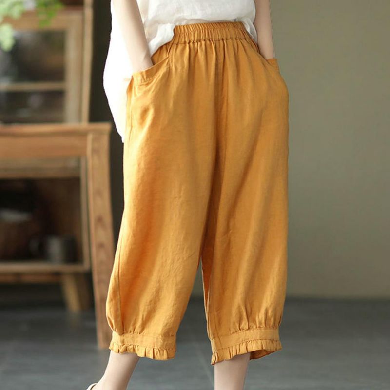 hetsäljande Kvinnor Haremsbyxor Hög resår i midjan Lösa fickor Enfärgad mellan vadlängd Retro Casual Dam Sommar Vår Beskuren_voghion.com