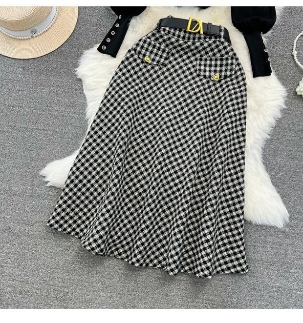 Abbigliamento da donna Completo alla moda in autunno e inverno Lanterna Manica lunga Collo alto Top in maglia sottile Set due pezzi Gonna scozzese a vita alta_voghion.com