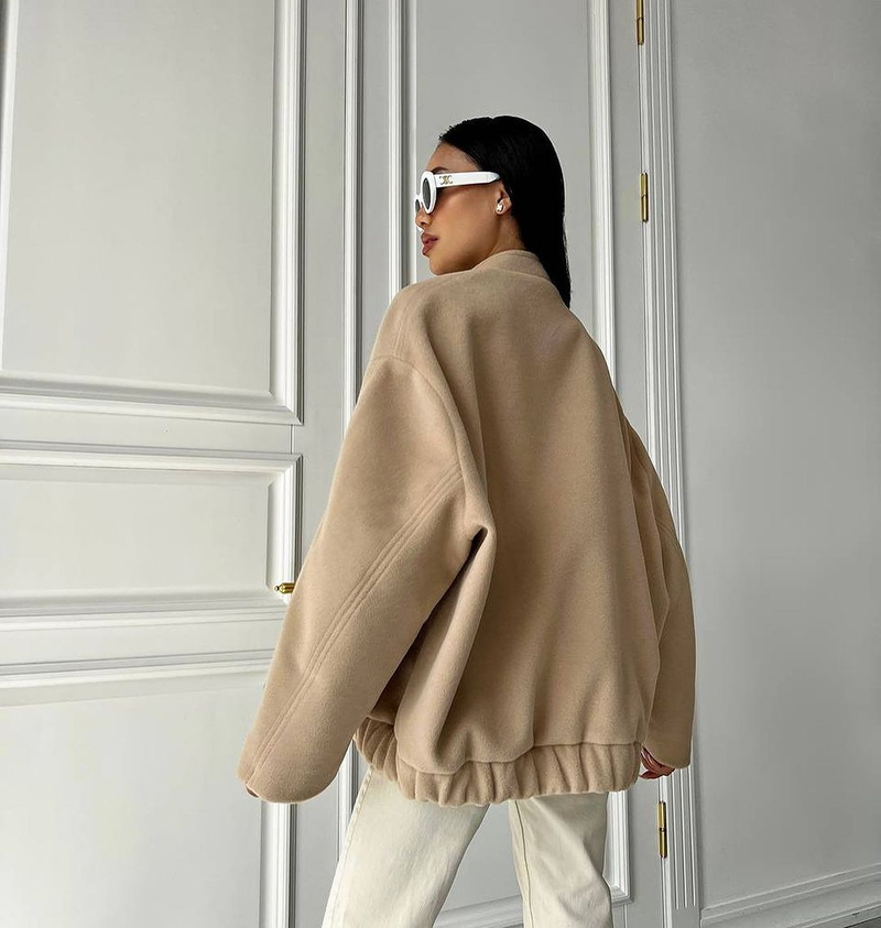 Women's style stand-up collar large pocket solid color women's jacket_voghion.com