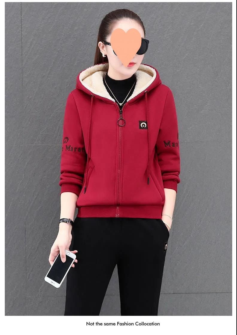 Women's Clothing Fleece-Lined Hoodie & Jogger Set - Winter Warmth Two-Piece Outfit, Plus Size 4XL, Soft Polyester, Geometric Print (Pink, Beige, Red)_voghion.com