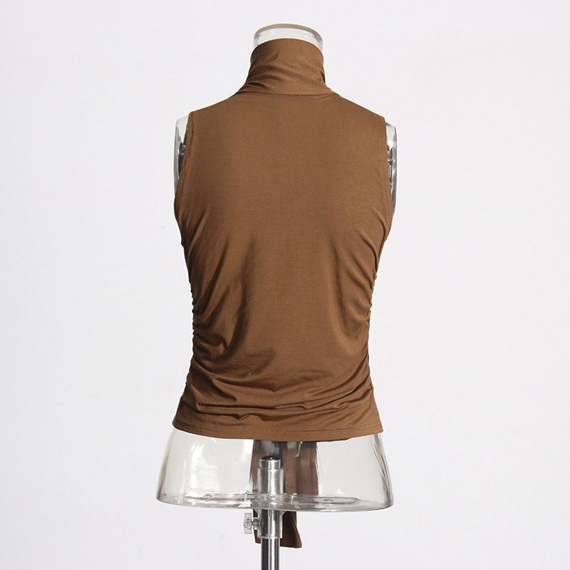 Abbigliamento da donna, top senza maniche con colletto a volant, nuovo temperamento, design con lacci plissettati, vestibilità attillata._voghion.com