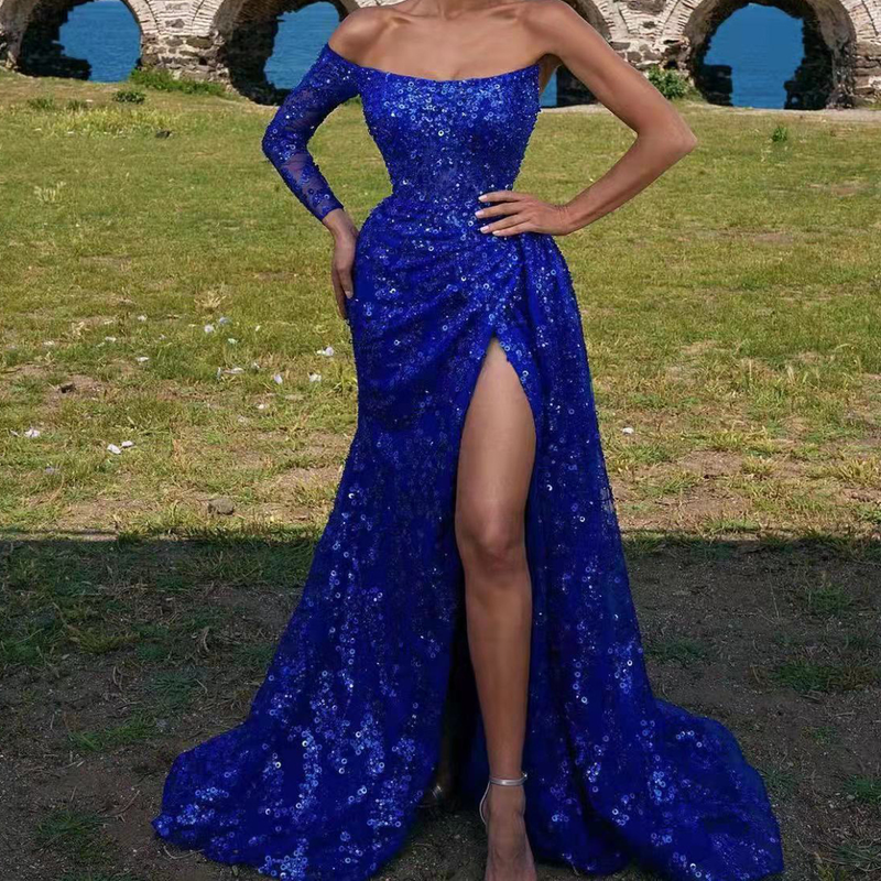 Vestito da sera sexy senza spalline con paillettes e spacchi, nuovo stile europeo e americano per donna, primavera ed estate_voghion.com