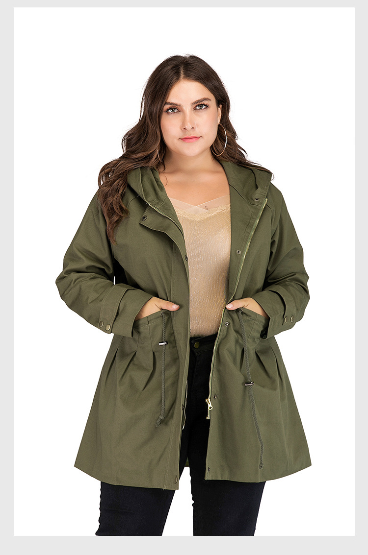 Dames taille taille afslankende legergroene capuchon trenchcoat herfst en winter lange mouwen plus size jas_voghion.com