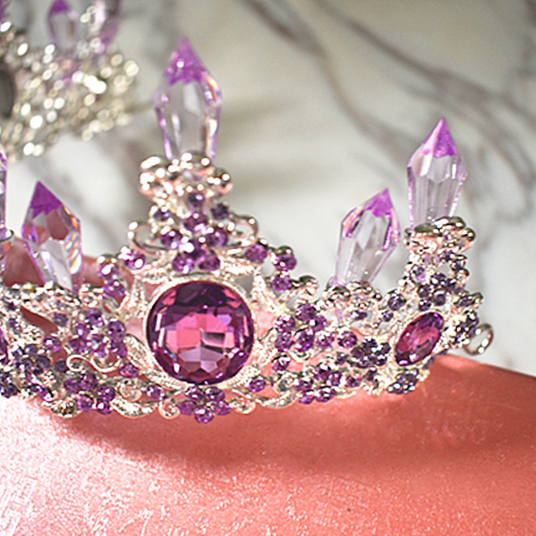 Brud koreansk lila kristallpelare stor krona tiara set bröllop drottning håraccessoarer barock krona_voghion.com
