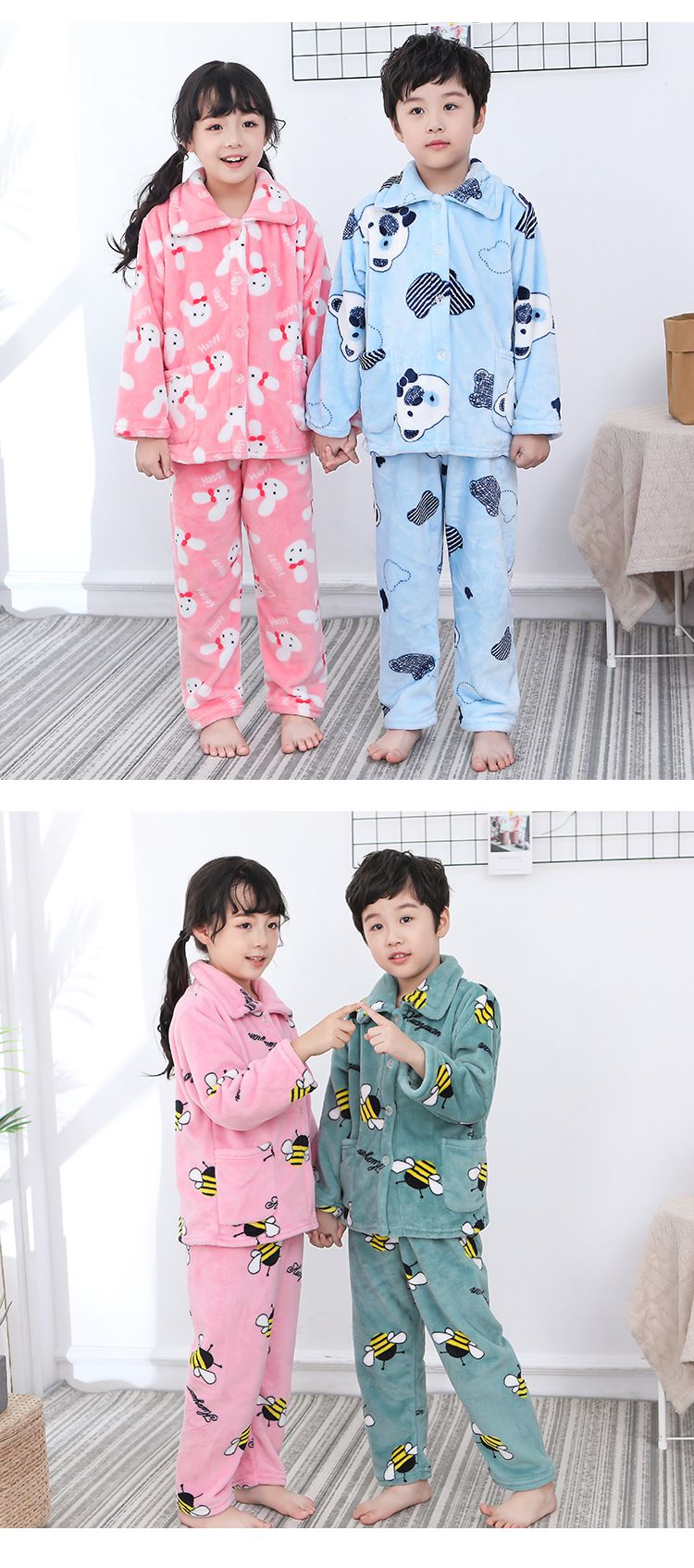 Pijamas de franela para niños de otoño/invierno, conjuntos de ropa de casa para niños grandes y gruesos de terciopelo Coral para niñas y niños_voghion.com