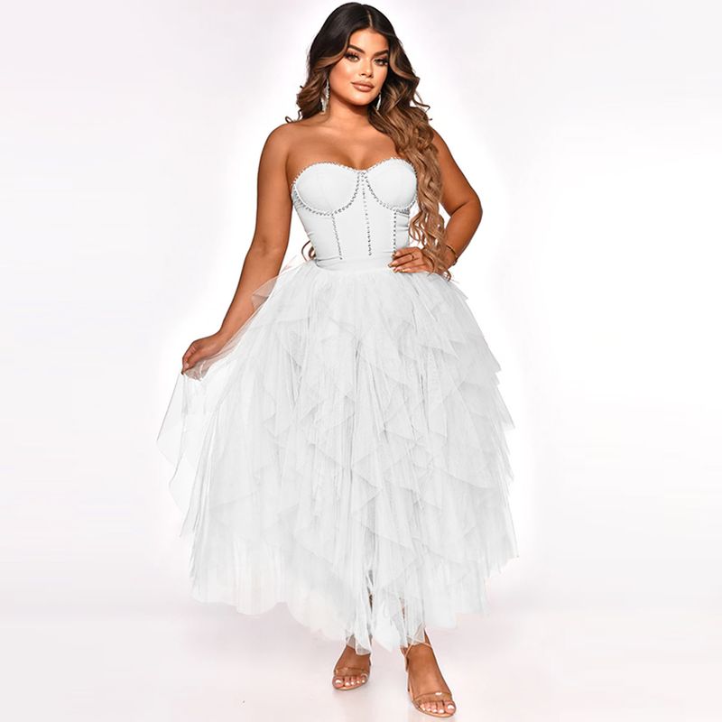 Îmbrăcăminte pentru femei, culoare solidă, fierbinte, cu diamant, tub, top, pufos, plasă, rochie, îmbrăcăminte pentru femei_voghion.com