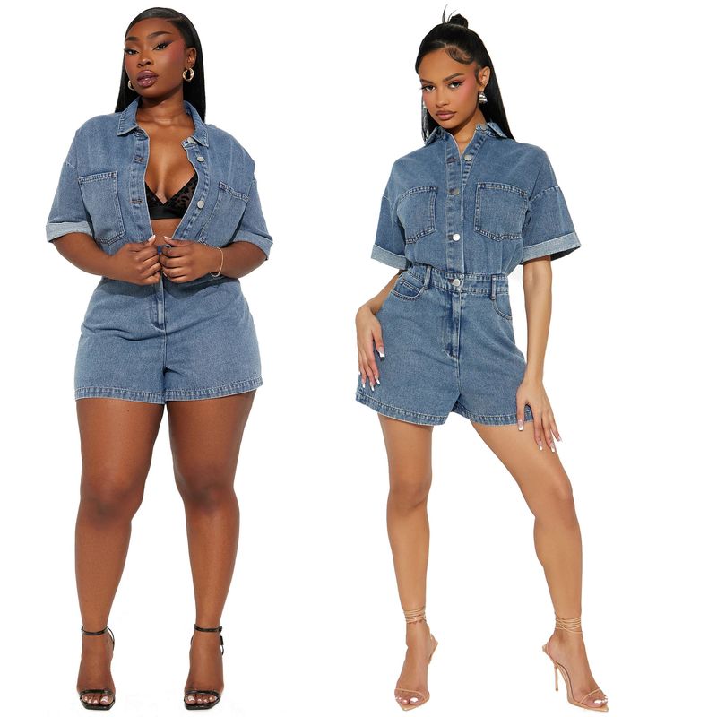 Salopetă din denim spălat, cu mânecă scurtă și elastică, lejeră, pentru femei_voghion.com