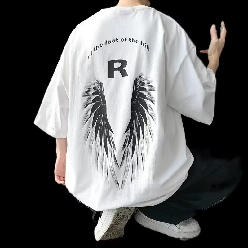 Marchio di abbigliamento alla moda maschile, taglie grandi, con stampa di lettere e ali, girocollo, manica corta, semplice, da uomo._voghion.com