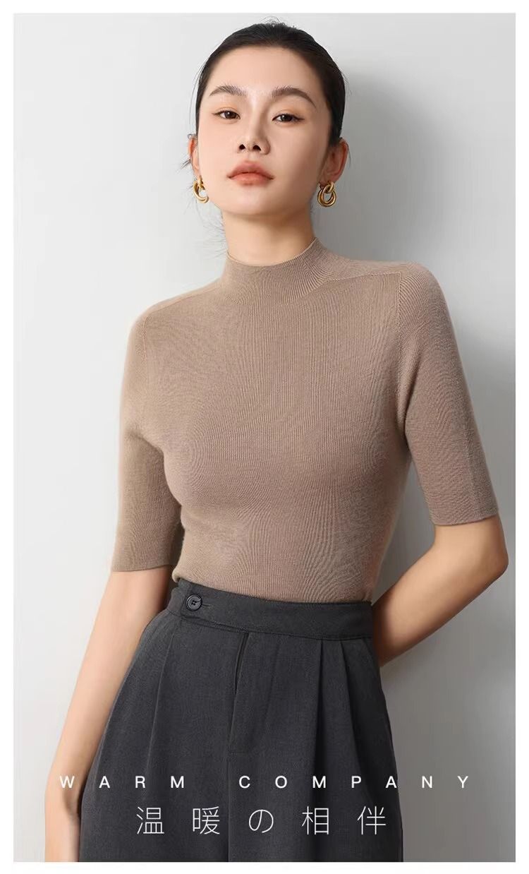 Maglione estivo in lana a maniche lunghe con collo alto, 100% senza cuciture, realizzato in filato tedesco Yangzi Yarn Island_voghion.com