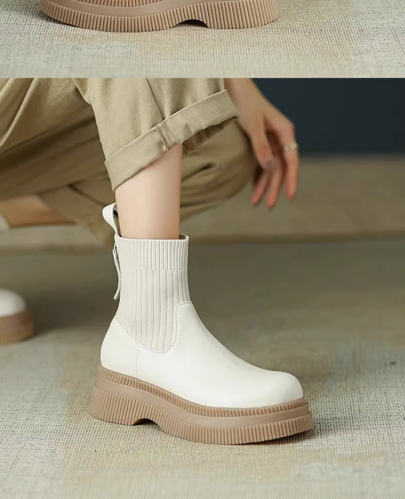 Thick Soled Short Boots Soft Leather New Round Head Autumn And Winter British Style Zipper All Match Heightened Socks Boots Knitted Casual_voghion.com