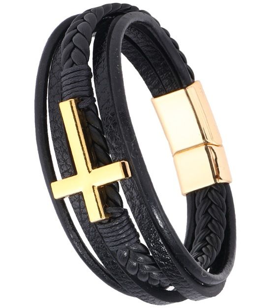 Bracciale in pelle con croce laccata nera, multistrato, per uomo, gioielli di moda_voghion.com