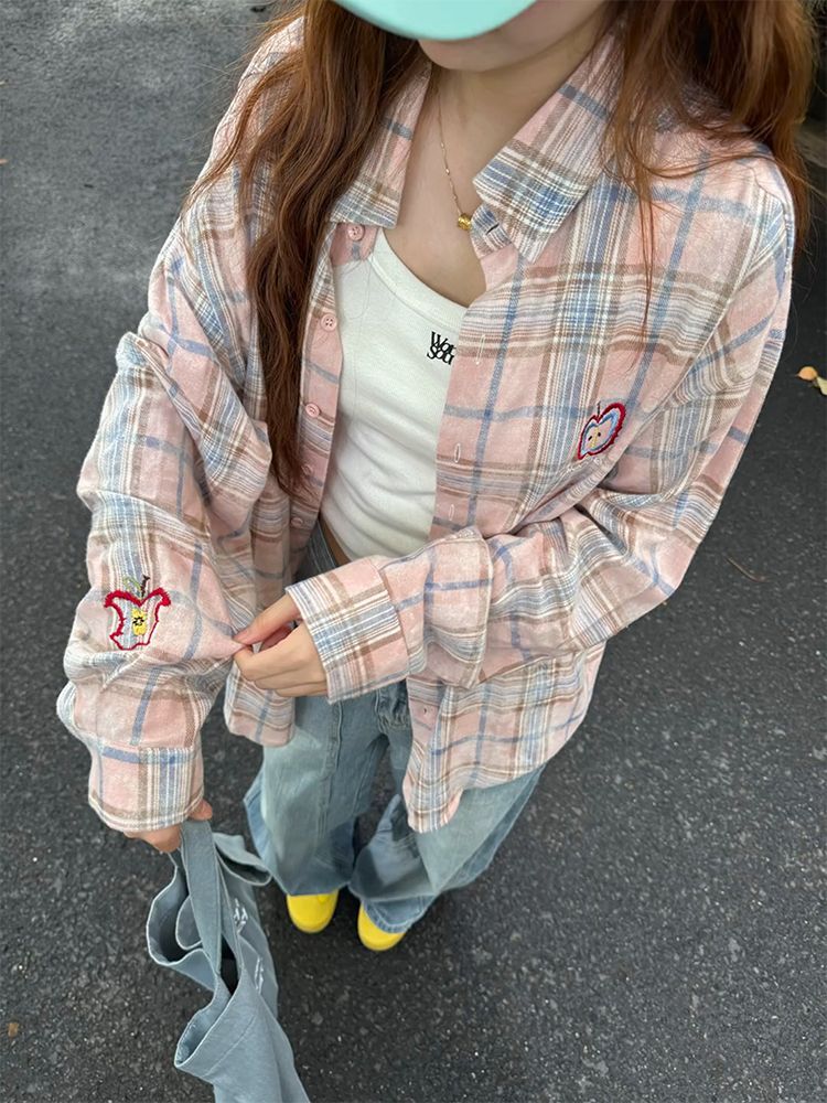 Camicia a quadri ricamata rossa Nicebad per donna, stile ampio e rilassato, camicia con motivo autunnale, giacca in stile americano_voghion.com