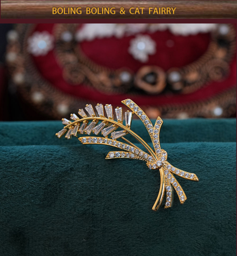 Spilla di grano in stile autunnale e invernale in ottone placcato oro, spilla intarsiata con micro zirconi, spilla di alta qualità_voghion.com