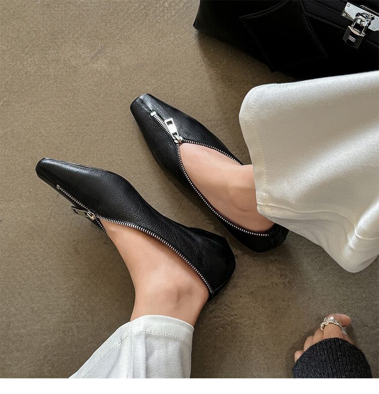 European And American Style Niche Design Front Zipper French Square Toe Shallow Mouth Chunky Heel Elegant Versatile_voghion.com