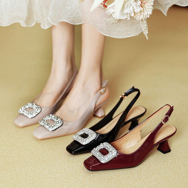 French Style Square High Heels Thin New Summer Backless Single Shoes Mid Heel Patent Leather Red One Strap Closed Toe_voghion.com