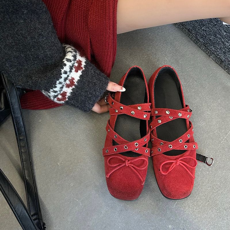 Cross Strap Buckle Women's 2025 Spring Summer New Red Bow Loafers Socks Mary Jane Ballet Women's Shoes_voghion.com