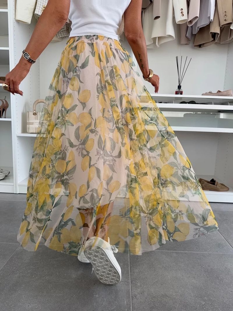 2025 New INS Style Mesh Print Waist-Cinching Flared Casual Midi Skirt_voghion.com
