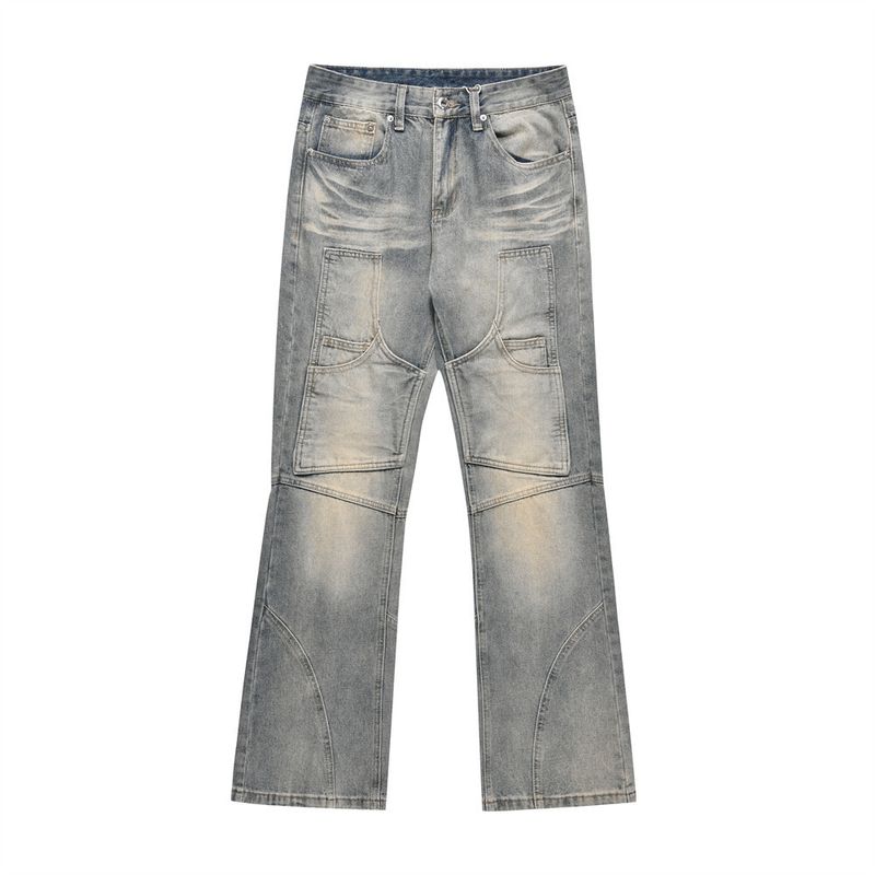 Men's Clothing Trend Micro Flared Jeans Men's Patch Pocket Split Patchwork Washed Wide-leg Pants_voghion.com