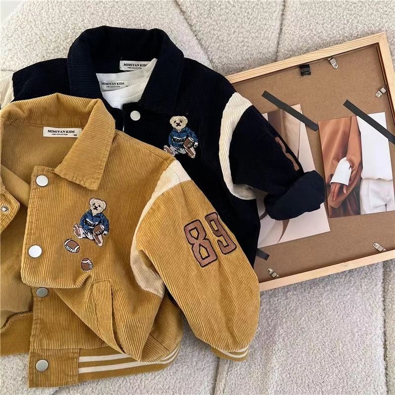 Chaqueta de béisbol para niño (primavera y otoño 2024), de pana, con cuello cuadrado, para niños pequeños y medianos, elegante chaqueta de color contrastante._voghion.com
